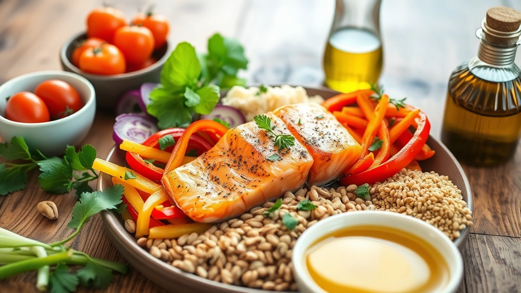 Colorful Mediterranean-style meal spread on wooden table: fresh salmon, vibrant vegetables, olive oil, whole grains, nuts, herbs, natural daylight, healthy eating aesthetic