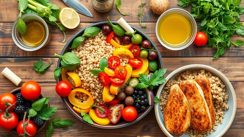 Vibrant overhead shot of colorful Mediterranean-inspired meal with fresh vegetables, whole grains, lean protein, olive oil, and herbs on wooden table
