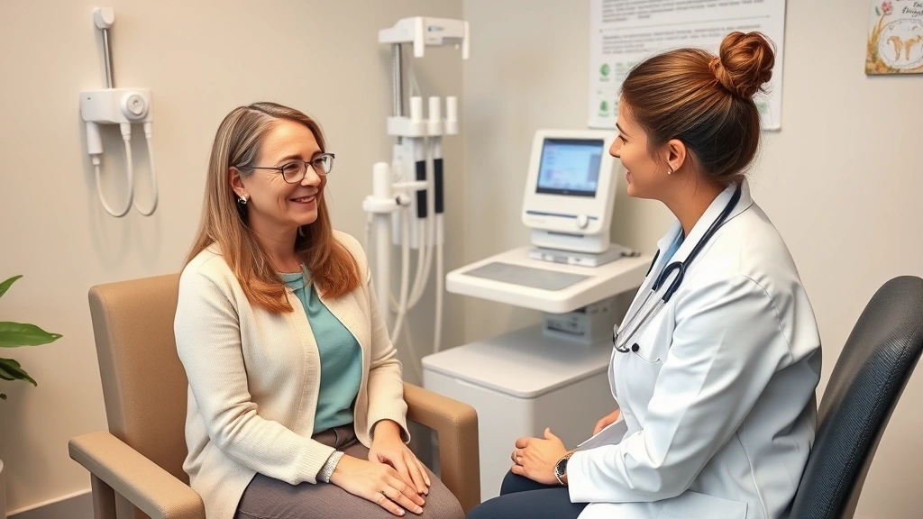 Patient receiving preventive care consultation with female doctor in comfortable examination room, relaxed atmosphere, modern medical equipment visible, wellness focus