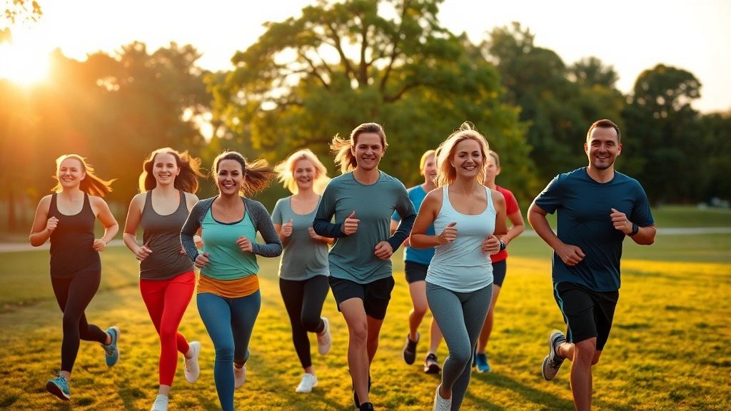 Diverse group of people jogging together in scenic park during golden hour, smiling and energized, trees and green grass, community fitness activity, outdoor wellness