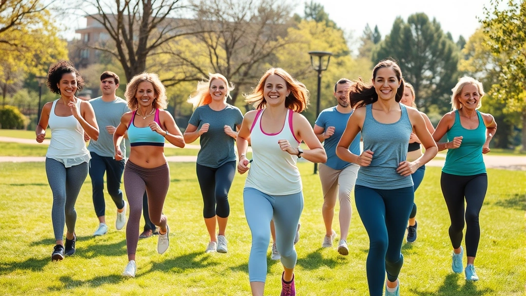 Group of diverse healthy people exercising outdoors in sunny park, smiling, doing fitness activities together, community wellness event, vibrant energy