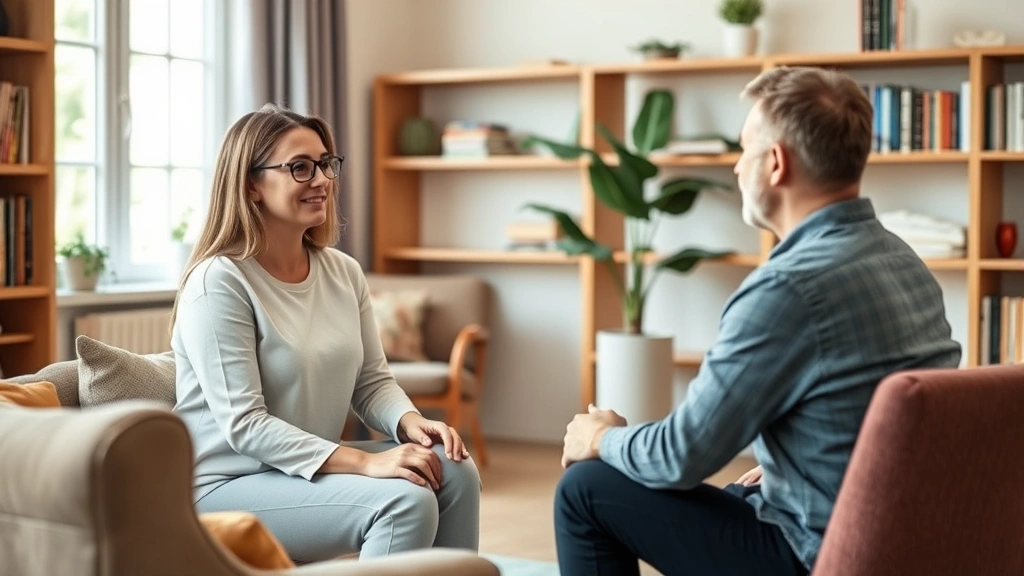 Mental health counselor in session with patient, warm therapeutic environment, comfortable furniture, natural light from windows, books on shelves, peaceful and supportive setting