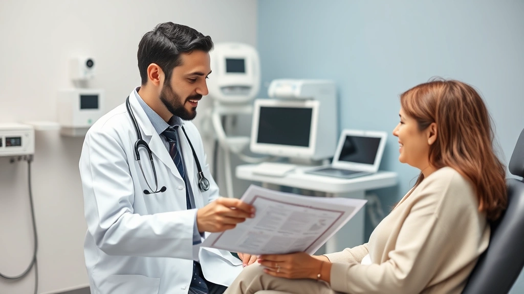 Healthcare provider in white coat consulting with patient in exam room, reviewing medical chart together, professional yet compassionate interaction, modern medical equipment visible