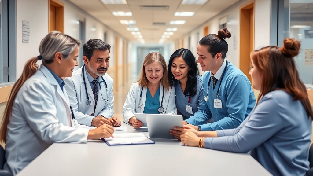 Diverse group of healthcare professionals—doctor, nurse, therapist, pharmacist—collaborating around conference table with tablet and patient information, modern hospital corridor background, team-oriented atmosphere, integrated care coordination, professional medical setting with contemporary design