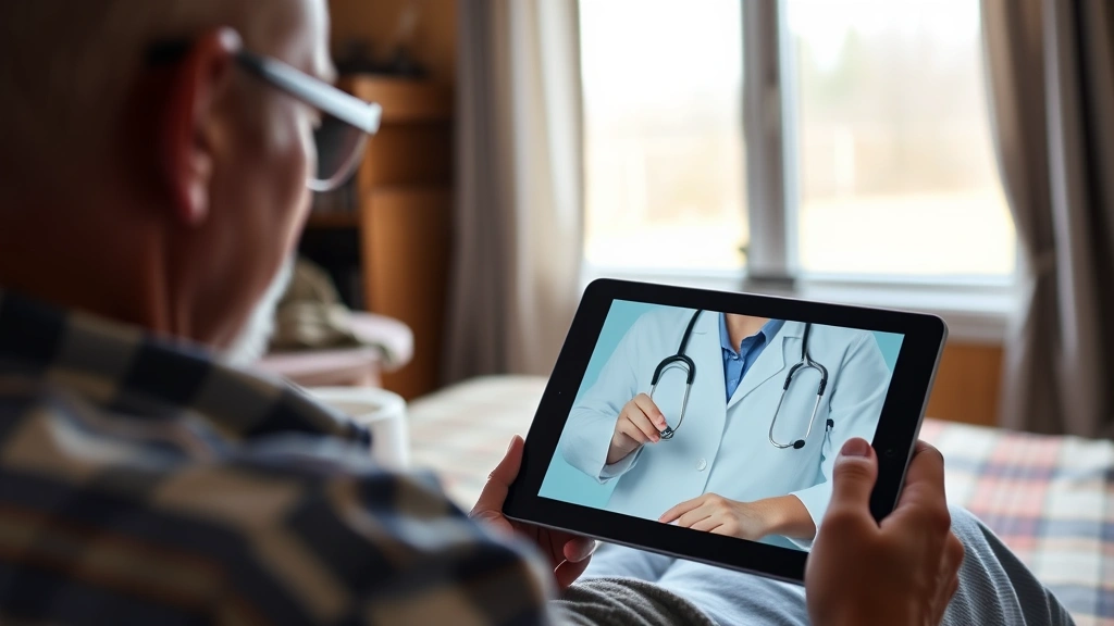 Rural patient receiving telemedicine consultation on tablet with doctor on screen, comfortable home environment, technology connecting distant healthcare provider and patient