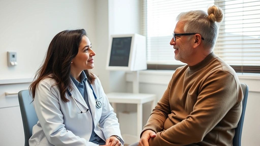 Primary care physician consulting with patient in bright examination room, genuine conversation, inclusive healthcare moment, modern medical setting, patient-centered care demonstration