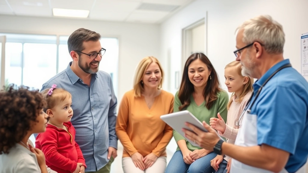 Family receiving preventive health screening at modern medical facility, diverse group, healthcare provider explaining results on tablet, bright clean clinic, positive health-focused atmosphere