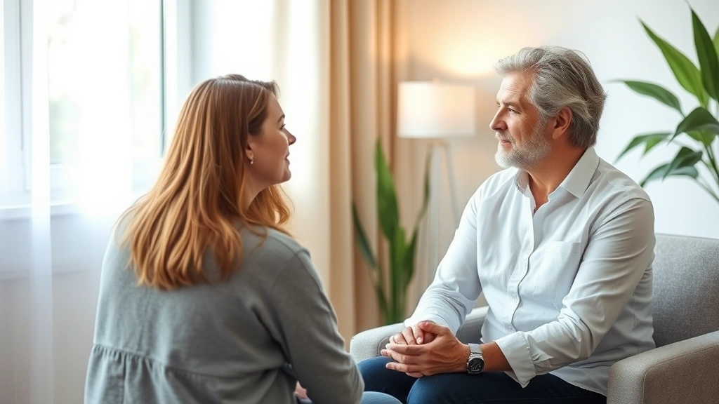 Mental health counselor and client in comfortable therapy session, natural light from window, supportive environment, wellness conversation, professional setting