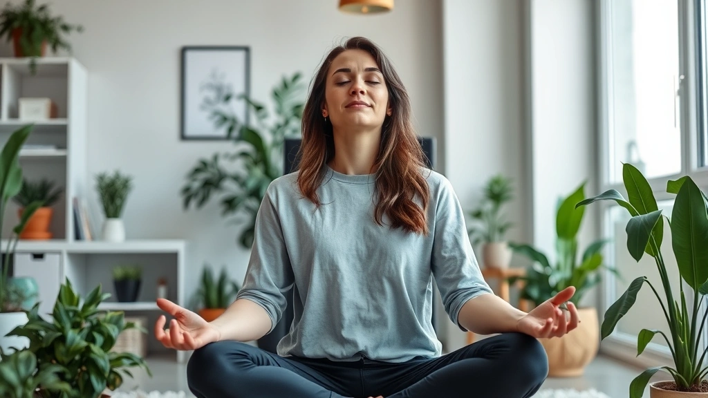 Individual sitting peacefully in modern home office with plants around them, meditating with eyes closed, calm expression, natural daylight, peaceful environment representing mental health and stress management