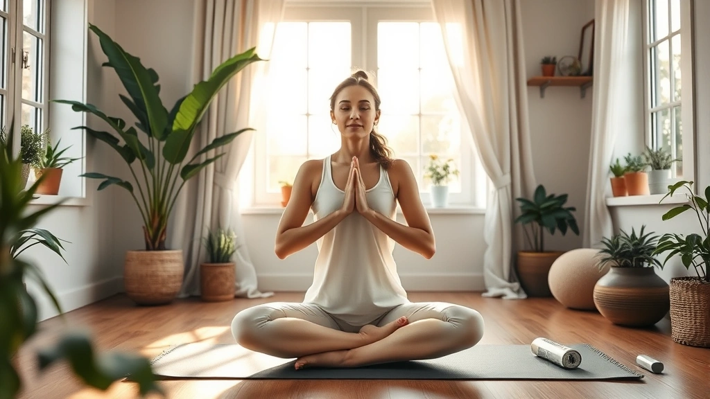 Woman in peaceful home environment practicing meditation on yoga mat, soft morning light through windows, plants and wellness items visible, calm serene expression, wellness lifestyle