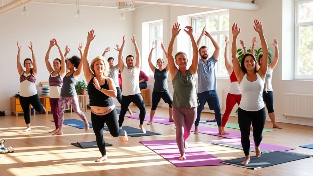 Group of diverse people in wellness class doing yoga poses in bright studio with natural light, healthy lifestyle environment, smiling participants of various ages and backgrounds