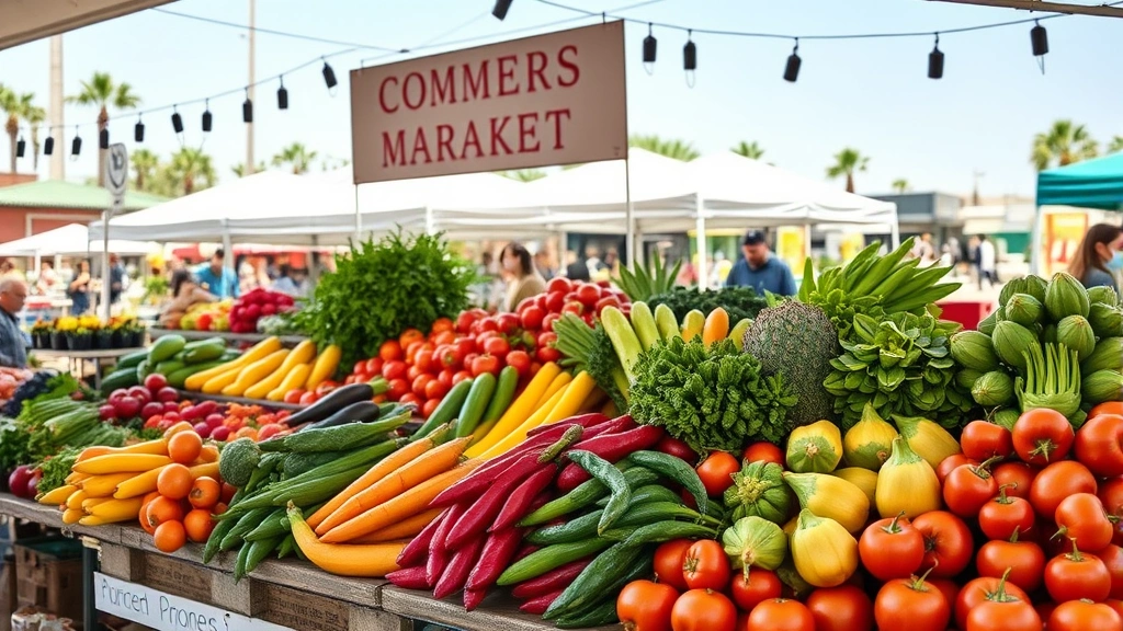 Colorful farmers market produce display with fresh vegetables and fruits, North Central community market, vibrant seasonal abundance, outdoor setting, daylight