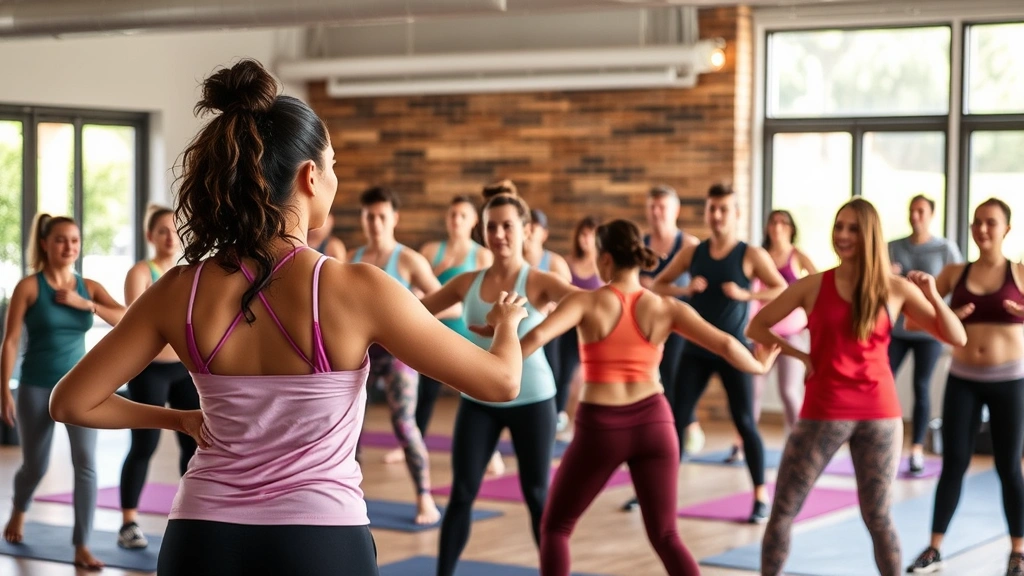 Group fitness class at wellness center with diverse participants exercising together, instructor demonstrating movement, energetic community atmosphere, natural lighting