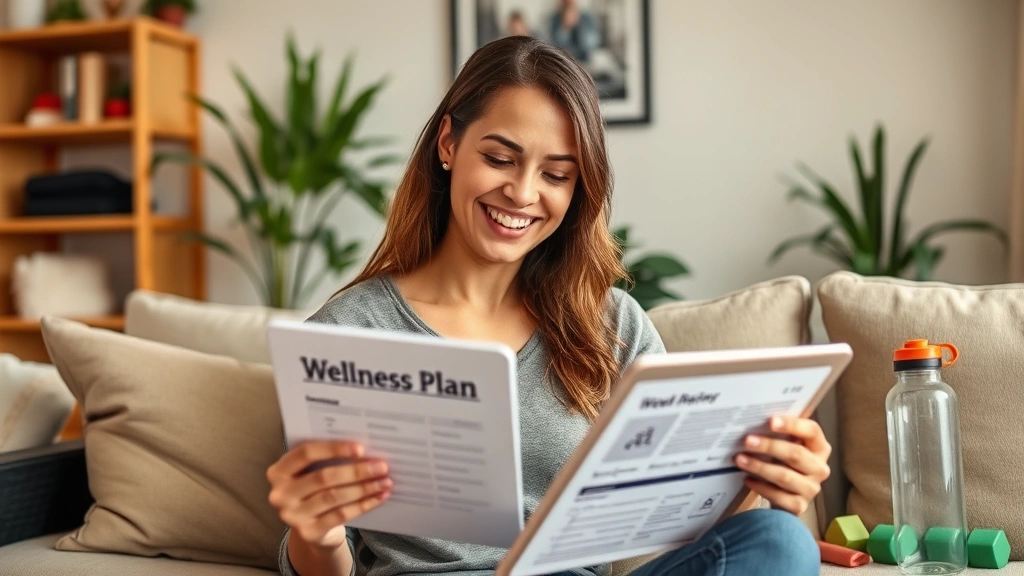 Person reviewing wellness plan with tablet at home, relaxed atmosphere, healthy lifestyle elements visible like water bottle and exercise equipment, empowered expression