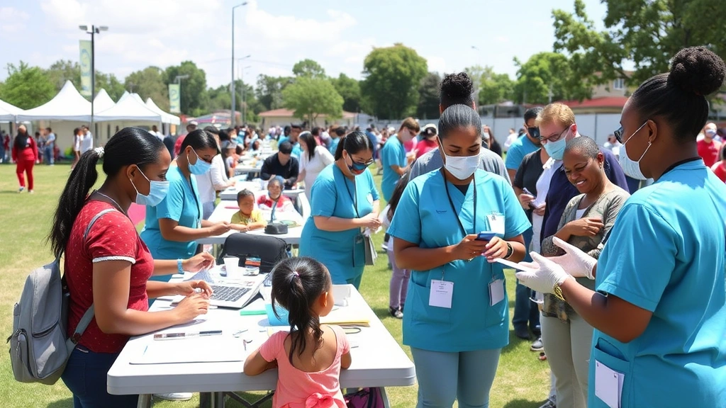 Community health fair outdoors with multiple service stations, diverse families getting health screenings, nurses and providers in action, sunny day, inclusive wellness event atmosphere