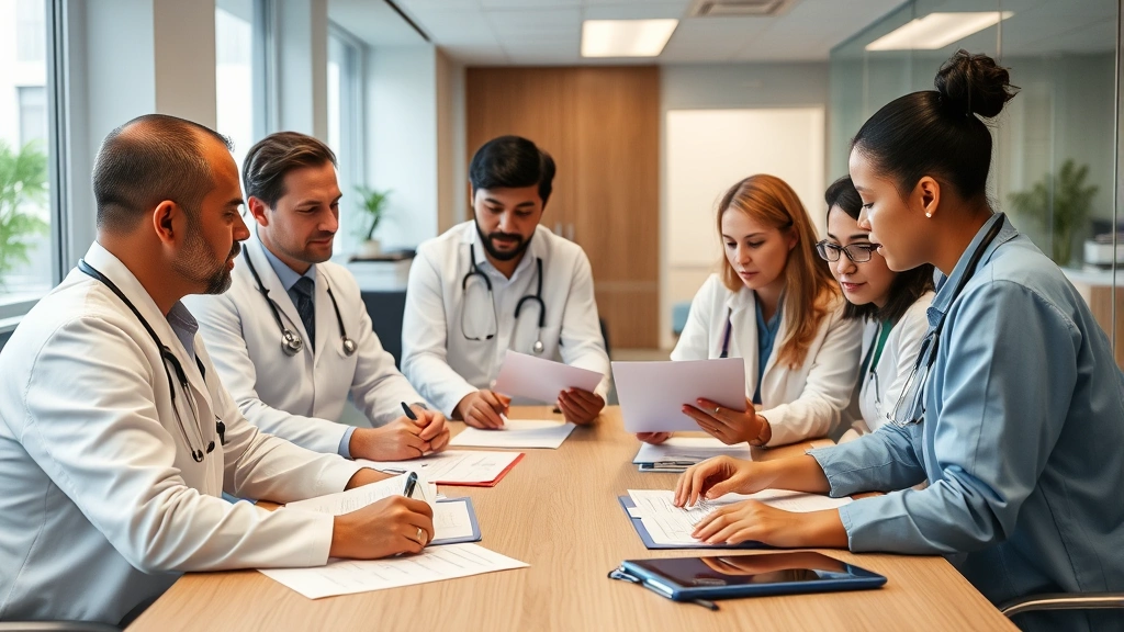 Healthcare team meeting around table reviewing patient files, diverse medical professionals collaborating, integrated care coordination, modern clinic office setting