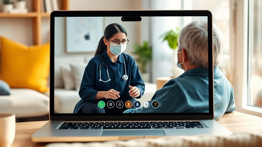 Telehealth appointment on laptop screen showing healthcare provider, patient at home with comfortable setup, modern technology interface, warm home environment with wellness elements like plants and natural light