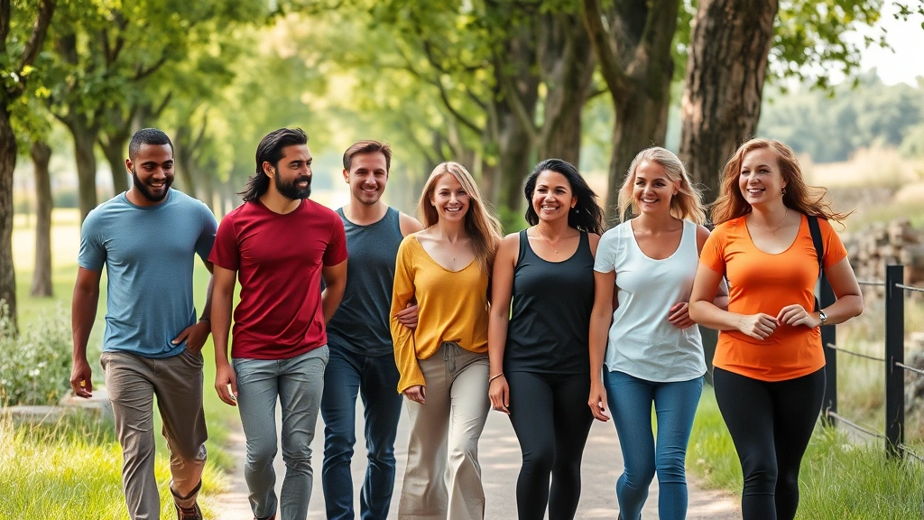 Group of diverse people walking together outdoors on tree-lined path, smiling, casual active wear, community connection, natural landscape, wellness lifestyle