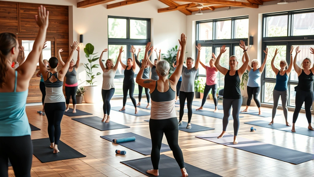 Group fitness class with diverse adults exercising together in wellness center, yoga mats, natural light, energetic but supportive atmosphere, health and vitality