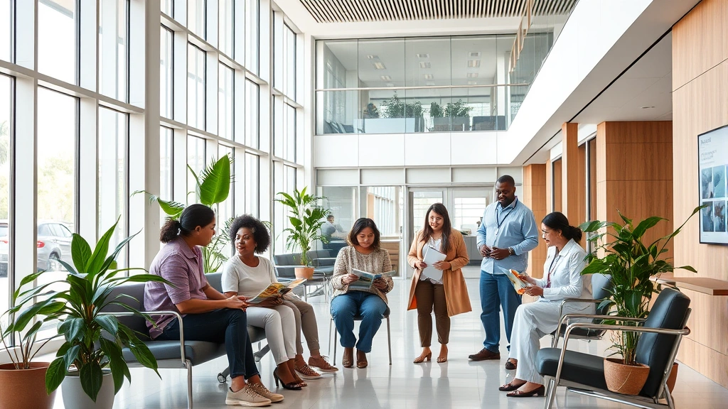 Family in modern healthcare facility lobby, diverse group reading health information, comfortable waiting area with plants, large windows, contemporary medical building architecture