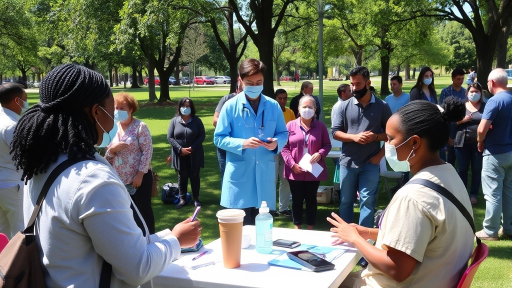 Community health screening event outdoors in park setting, healthcare workers providing free services to diverse group of people, sunny day, accessible and inclusive wellness activity