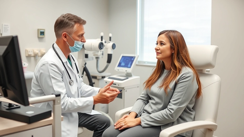 Healthcare professional conducting preventive health screening with patient in modern clinic room, advanced medical equipment visible, comfortable examination space with calming decor, moment of care and attention