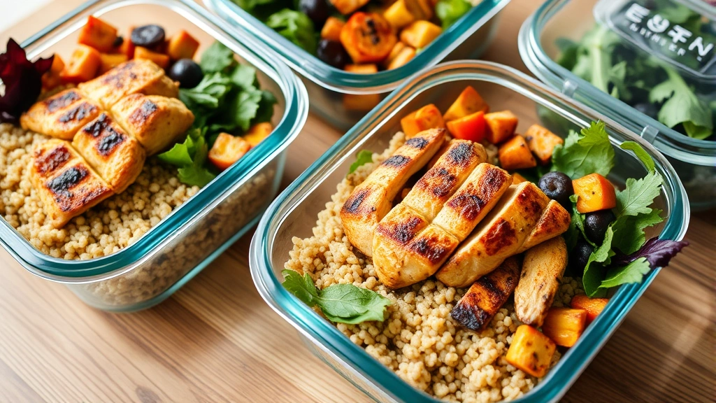 Nutritious meal prep bowls with grilled chicken, quinoa, roasted vegetables, fresh greens in glass containers on wooden table, natural lighting, healthy eating lifestyle