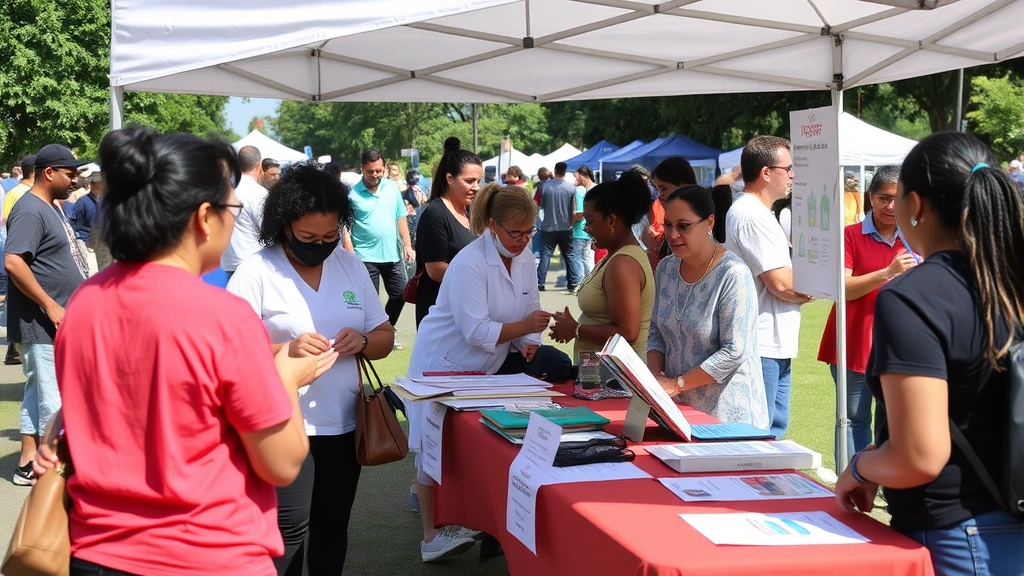 Community health fair tent with people receiving health screenings, checkups, wellness information, diverse attendees, outdoor setting, sunny day, inclusive environment