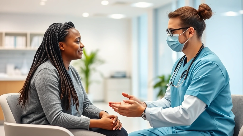 Medical professional conducting patient consultation, caring interaction, modern clinic setting, diverse representation, compassionate healthcare delivery moment