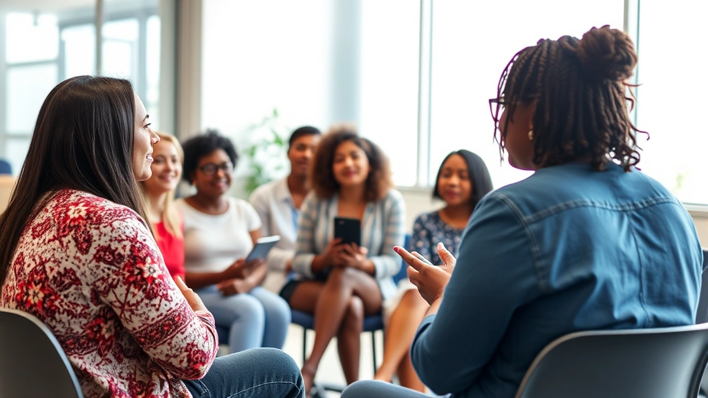 Community health education workshop with diverse group of people engaged in wellness discussion, nutritionist or health educator presenting, bright modern classroom setting