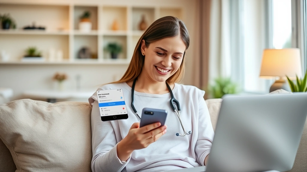 Woman using smartphone to check health records and schedule appointment via patient portal app, sitting in comfortable home setting with warm ambient lighting, laptop nearby, relaxed expression, digital healthcare accessibility, modern telemedicine experience, bright contemporary living space