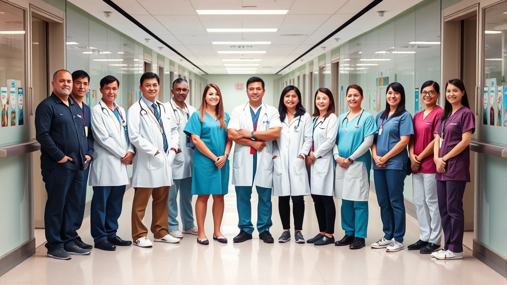 Team of healthcare professionals including doctors, therapists, and nurses standing together in hospital hallway, diverse representation, collaborative body language, modern healthcare facility background