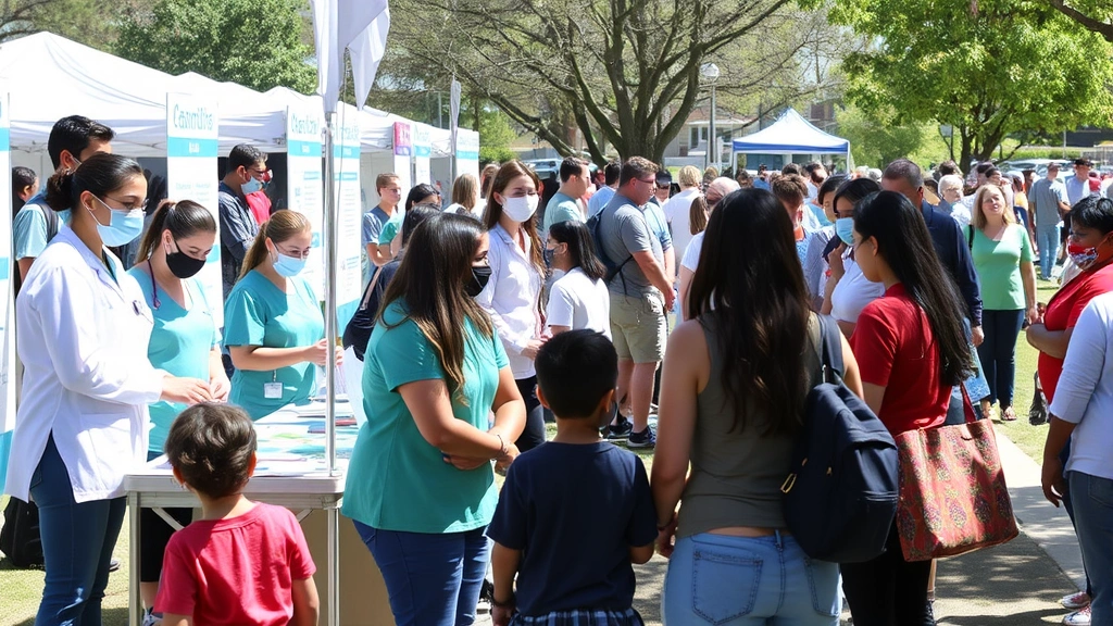 Community health fair event outdoors, healthcare workers at information booths, families getting health screenings, diverse crowd, sunny day, wellness education materials visible