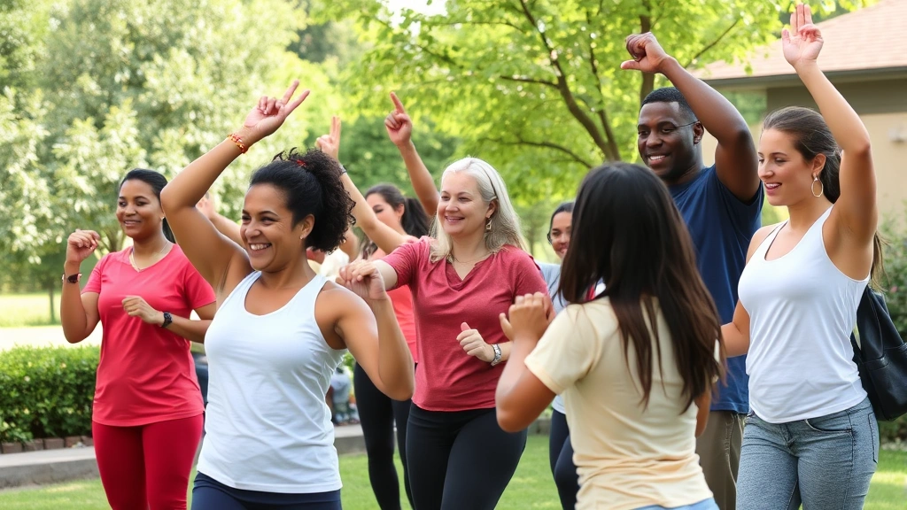 Diverse wellness group participating in outdoor health program, community healthcare engagement, people exercising together, supportive environment, preventive health initiative, active lifestyle