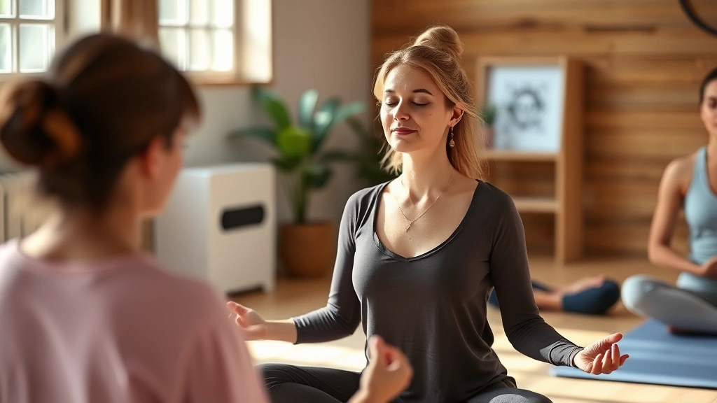 Woman in meditation pose during guided wellness class at health center, peaceful expression, natural light from windows, yoga mat visible, serene healthcare environment