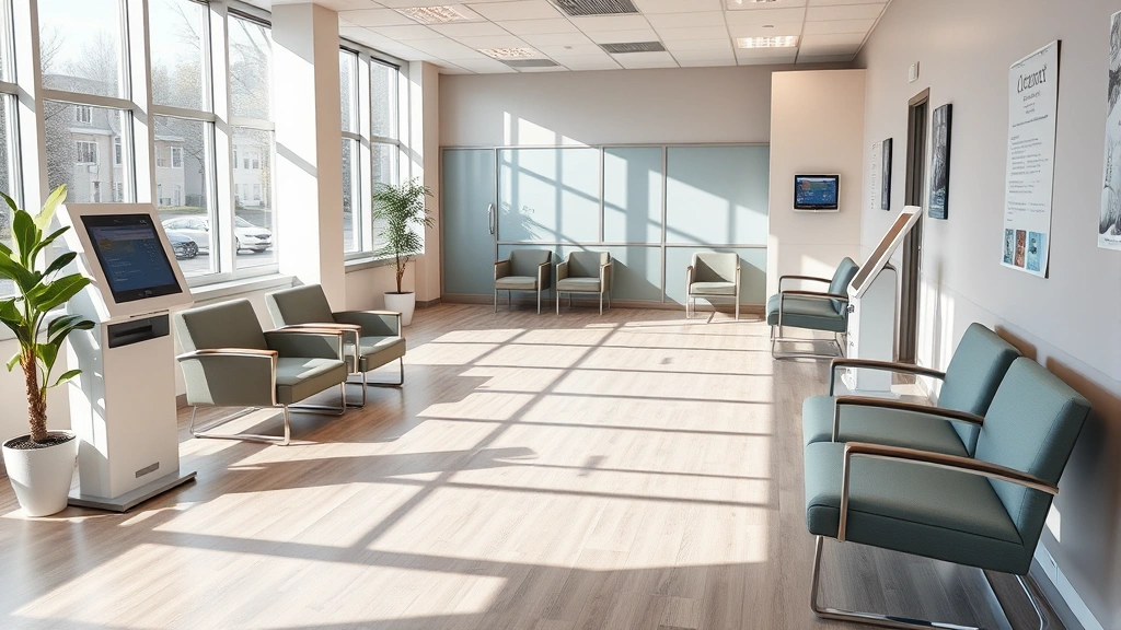 Modern urgent care clinic waiting room with comfortable seating, bright natural lighting, and digital check-in kiosk, professional medical environment, welcoming atmosphere