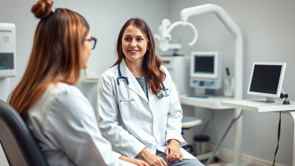 Healthcare provider in white coat consulting with patient in examination room, modern medical equipment visible, compassionate professional care, clean contemporary clinic setting