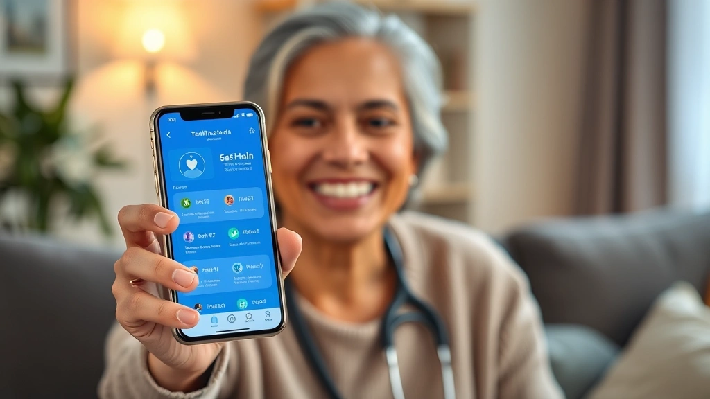 Patient holding mobile phone with health app, smiling at home, digital medical records displayed, telehealth consultation concept, modern healthcare accessibility