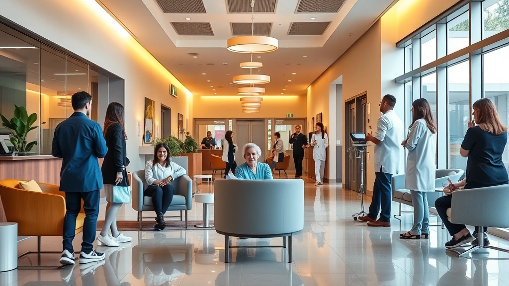 Modern medical facility lobby with warm lighting, comfortable seating, clean contemporary design, welcoming atmosphere, diverse patients and staff interacting professionally