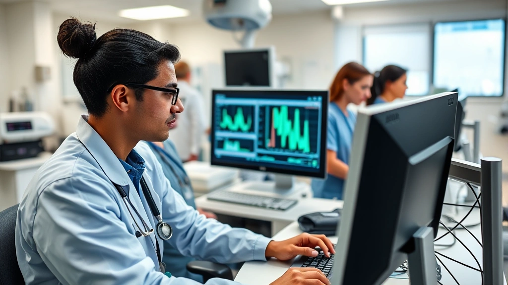 Healthcare professionals in clinical setting reviewing patient information at computer workstation, modern medical equipment visible, collaborative team environment, focused concentration