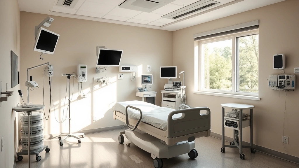 Patient recovery room with comfortable bed, natural lighting from window, calming neutral colors, medical monitoring equipment discreetly integrated, peaceful healing environment