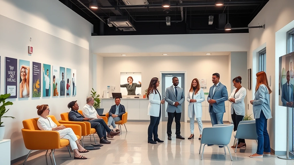Modern medical facility interior with bright lighting, comfortable waiting area with contemporary seating, wellness posters, and diverse patients interacting with friendly staff members in professional attire