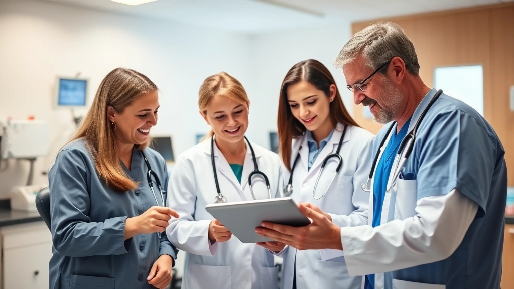 Healthcare professionals in clinical setting reviewing patient records on digital tablet, warm lighting, collaborative team environment with modern medical equipment visible in background, genuine interaction