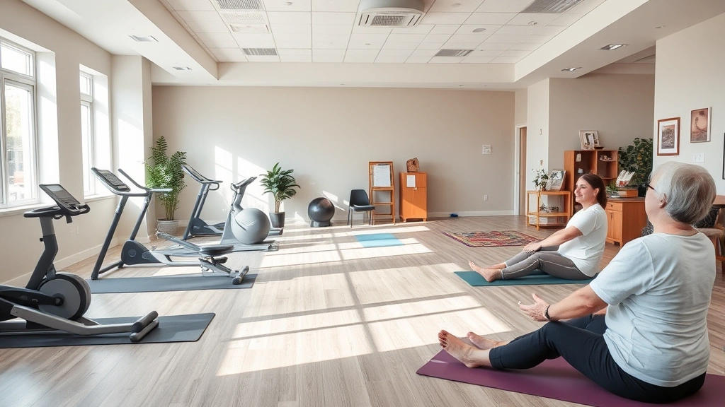 Peaceful wellness center space with exercise equipment, calming neutral tones, natural light from windows, yoga mats, health education materials, and relaxed patients engaged in preventive care activities