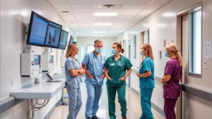 Healthcare professionals in modern hospital corridor wearing scrubs, collaborating near nurses station with electronic monitors displaying patient data, natural lighting from windows, welcoming clinical environment