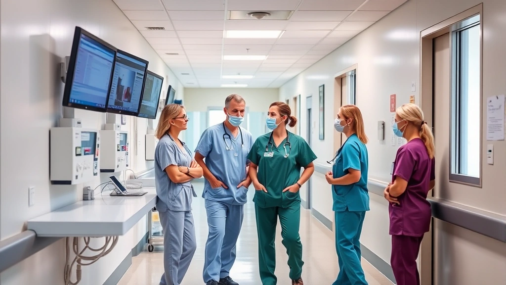 Healthcare professionals in modern hospital corridor wearing scrubs, collaborating near nurses station with electronic monitors displaying patient data, natural lighting from windows, welcoming clinical environment
