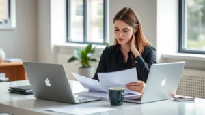 Professional woman reviewing health insurance documents at modern desk with laptop and coffee, natural lighting, organized workspace, thoughtful expression, contemporary office environment