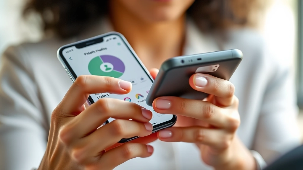 Close-up of hands using smartphone showing health app interface with wellness metrics, fitness tracking, and plan information, modern UI design, natural light, professional setting