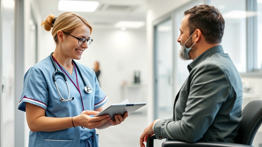 Occupational health nurse reviewing health data on tablet while speaking with employee in clean medical office space, professional setting, collaborative discussion, contemporary healthcare