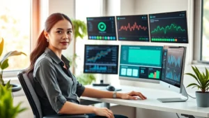 Young professional woman sitting at modern desk with multiple health monitors displaying wellness metrics, fitness trackers, and medical data on screens around her, bright natural light streaming through windows, calm focused expression, contemporary home office setting with plants